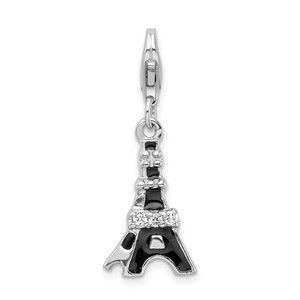 925 Sterling Silver Black Enameled CZ Eiffel Tower Bracelet Charm Lobster Clasp